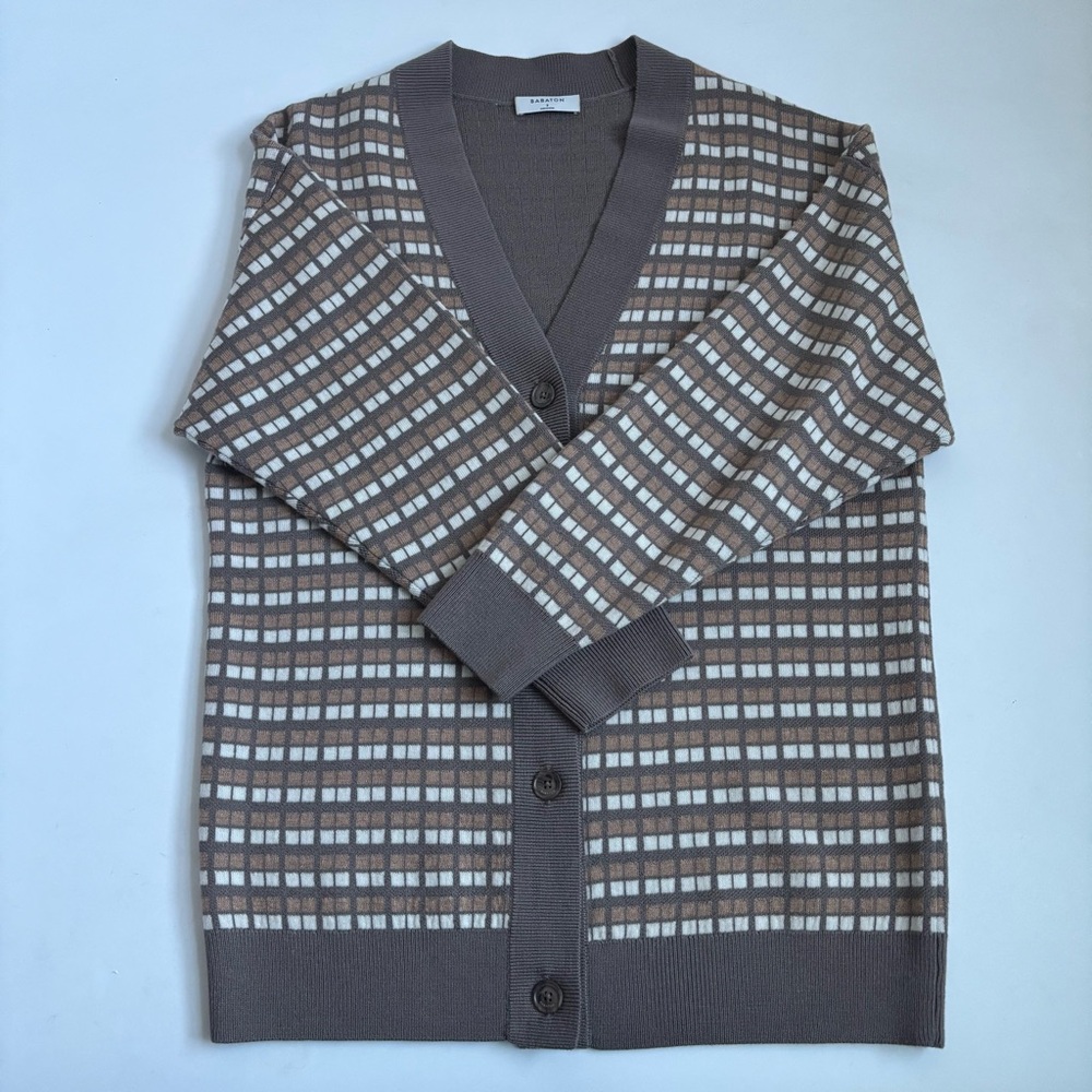 Aritzia Babaton Lacer Merino Wool Cardigan Sweater Brown White Checkered Small - Picture 13 of 17